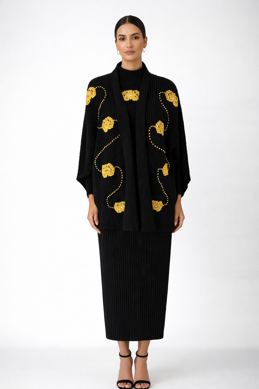 VTG 90's Designs Limited Black Embroidered 3 Piece Sweater Set One Size